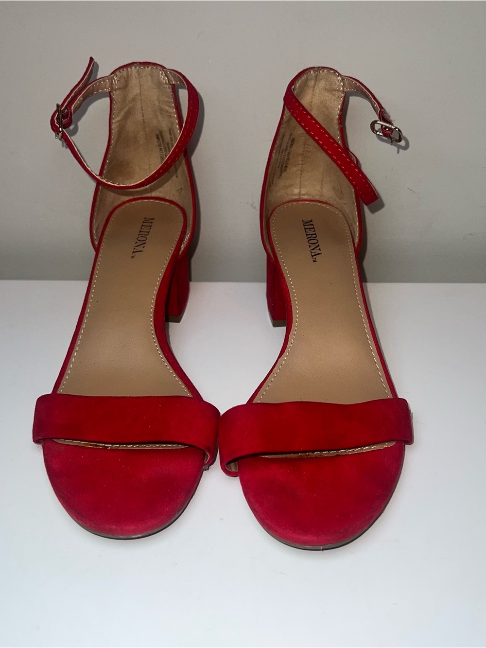 Merona Red Suede Ankle-Strap Block Heel Sandals